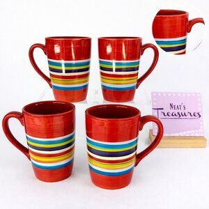 Tabletops WATER COLOR RED White Aqua Stripes Ceramic 15oz Large Latte Mugs Set 4